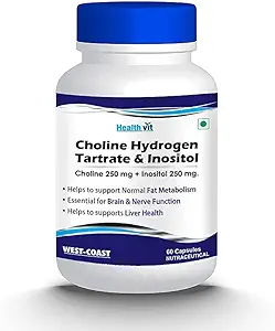 Kolin-hidrogén-tartarát 250mg & Inositol 250 Mg - 60 Kapszula-124; Energia-anyagcsere, máj-egészség, Esszenciális agy és idegfunkció - Non-GMO, Vegan, Gluten Free, Tejmentes