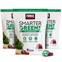 FORCE FACTOR Smarter Greens Superfood Chews, 3-Pack, Zöldek és Superfoods probiotikumokkal, antioxidánsokkal, és Fiber, Zöldek Supplement to Support Digestion, Nitric Oxide, and Energy, 180 Chews