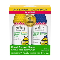 Zarbee 's Children' s Honey Cough Syrip + Mucus Day & Night Value Pack, Daytime & Night Time Toddler Cough Syrough, Dark Honey, Ivy Leaf Extract, Chamilla, Mixed Berry Flavor, 2X 4 Fl Oz