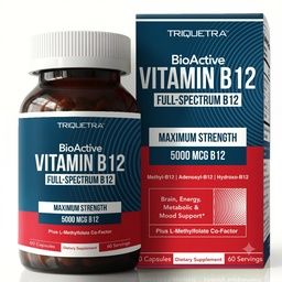 Bioaktív B12-vitamin - 5000 µg, 3 Bioaktív formákat tartalmaz B12 Plus metilfolát kofaktort - metil B12, Adenosil B12 & Hydroxy B12