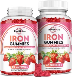 Vas gumik - kalciummal, cinkkel, foláttal és B12-vitaminnal, C-vel, B6 felnőtteknek és gyerekeknek - vérépítő és energia támogatás vashiányosság, anaemia, Vegan - 2 Pack Strawberry Flavour, 60 Gumies