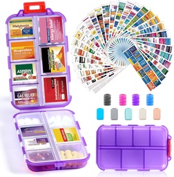 14 Grids Travel Pill Organizer Box 415- Pcs Medicine Name Labels, Pocket Daily Pharmacy Case Container, Travel Medication Holder Dispenser Kit for Fish Oil Vitamin Supplement Storage - Clear Purple