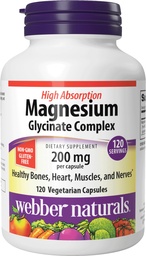 Webber Naturals Magnézium Glicinate Complex 200 mg, 120 Vegetáriánus kapszula, magas abszorpciós képlet, Támogatja a csontokat, szív, izmok és idegek, One- per- Day, Vegan, Új címke!