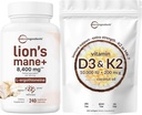 Micro Ingredients D3-vitamin 10,000iu + K2 200mcg Kókuszolaj Softgels & Lons Mane Supplement 240 Veggie Capsules Bundle 2 Pack A124; Essential Sunshine Vitamins - 124; Superfood Gumoom Antioxidánsok L -