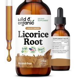 Wild & Organic Licorice Tinture - Emésztési támogatás - Tiszta édesgyökér kivonat cseppek - Glycyrrhiza Glabra - Vegan, Sugar & Alcohol- Free Supplement - 2 fl oz