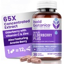 Bold Botanica Elderberry Plus - 65x koncentrált fekete bodza kivonat cinkkel és C-vitaminnal napi immuntámogatás és szezonális Wellness - Non-GMO, 30 Vegan kapszula