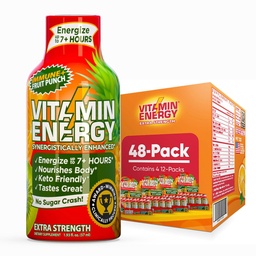 Vitamin Energia Immun + Extra Strength Energy Shot Gyümölcs Punch 48 Pack, 260mg természetes koffein, B- Vitaminok, Citicolin, Zöld tea, Immunitás és Fókusz támogatás, Zéró cukor, gluténmentes 1,93 fl oz