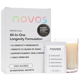 NOVOS Core Longevity Mix, Anti-Aging kiegészítés, Drink Powder Packet Unflavored - Skin Support, Energy, Mood Support, Sleep and Cognition Support - 30 szerváció