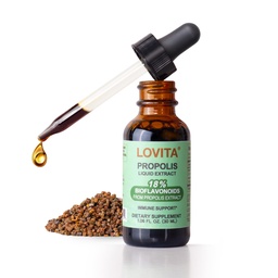 Lovita Bee Propolis folyadék kivonat 500 mg, 5: 1 Resin cseppek 18% Bioflavonoidok, Alkoholmentes Antioxidáns, Immun Support & Throat Soothing, Gluten- Free, Non-GMO, 1 Fl Oz (30 ml), 30 napos ellátás