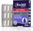 Bio360 felnőtt napi probiotikus kiegészítés nők és férfiak számára, 30 milliárd CFU, 10 Strain, Organic Prebiotic Fibers, Digestive & Immune Health, Alkalmi székrekedés, Hasmenés, Gáz & Bloating, 30CT