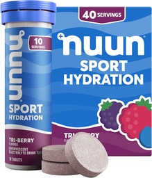 Nuun Sport Electrolyte tabletta Magnéziummal, kalciummal, Káliummal, kloriddal és nátriummal, gluténmentes & Vegan, Tri- Berry, 4 csomag (40 adag összesen)