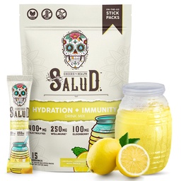 Salud 2- in1 hidratációs csomagok + Immunity Electrolytes Powder, Lemonade - Agua Fresca Drink Mix, Elderberry, Dairy & Soy Free, Non-GMO, Glutén mentes, Vegan, Alacsony kalóriatartalmú, 1g Sugar (15 adag)