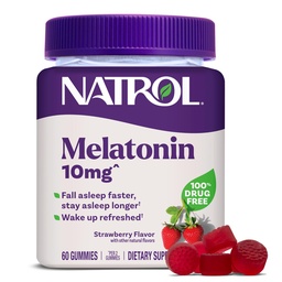 Natrol 10 mg Melatonin Gumies, Alvástámogatás felnőtteknek, Melatonin kiegészítők alváshoz, 60 Eper ízesítésű gumibot, 30 napos ellátás