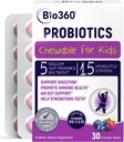 Bio360 Probiotics gyerekeknek - 15 Strains & 5 billió CFU Támogatja az agy, Immun & Digestive Health - Kids Probiotic Chewable Organic Prebiotics for Gut & Constipatio, Vegyes Berry Flavor, 30 Count