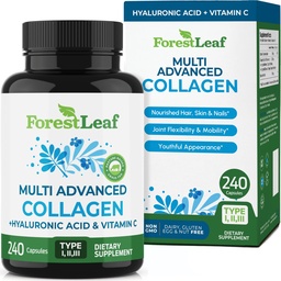 ForestLeaf Multi Collagen Pills - Collagen Men & Collagen Women - Hidrolizált kollagén kiegészítők C-vitaminnal és hialuronsavval - Collagen kapszula haj, bőr és körmök (240 Peptide kapszula)