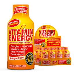 Vitamin Energia Immun + Extra Strength Energy Shot Orange Burst 12 Pack, 260mg természetes koffein, B- Vitaminok, Citicoline, Zöld tea, Immunitás és Fókusz támogatás, Zéró cukor, gluténmentes 1,93 fl oz