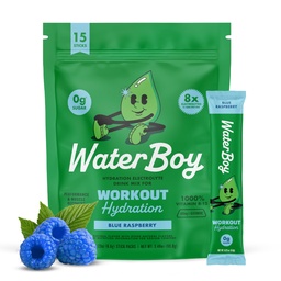 Waterboy Workout Hydration 124; 2,960mg Sugar Free Electrolyte Powder Packaets n.e.124; L- Glutamin + Vitamins n.e.124; No Sugar, All Natural, Gluten Free X4; 15 Drink Stick Mix (Blue Raspberry)