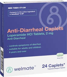 WELMATE - Anti- Hasmenés Caplets (24 Caplets) - Loperamide HCL 2 mg - Hasmenés Szisztémás Relief - Felújult Gyomor Reliever - Hasmenés elleni tabletták - Over- The- Counter Medication