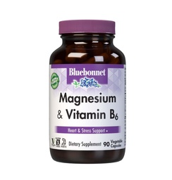 Bluebonnet Nutrition Magnézium & B6 - 400 mg Magnézium-oxid & Aszpartát B6-vitaminnal 25 mg - Szív és agy Magnézium Komplex nők és férfiak számára * - Non-GMO, Vegan, Gluten- Free - 90 növényi kapszula