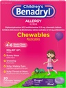 Benadryl gyermek allergia orvosság rágószerek difenhidramin HCl, rágóképes gyerekek antihisztamin tabletta az allergia tüneteinek enyhítésére, mint például a tűző és viszkető szemek, Grape Flavor, 20