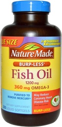 Természet Készült Burp- kevesebb halolaj 1200mg, 360mg Omega3, Liquid Softgels 200 ea (csomag 2)