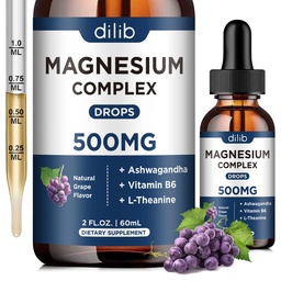 Magnézium-glicinát folyékony cseppek, Magnézium-glicinát kiegészítés 500 mg citráttal, maláttal, Ashwagandhával, L- Theaninnel, B6 vitaminnal alvásra, stressz csillapítására, csontra, izomra, hangulatra, Grape Flavor 2 Fl Oz