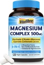 Magnézium Komplex 500 mg, 6 in 1 Chelated Magnézium Glicinate, Citrát, Aszpartát, Glukonát, Karbonát és laktát, Max. Felszívódás kiegészítése Alvás és Nyugodt, 120 Vegán Caps, Magnesio Oxide