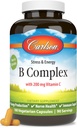 Carlson - B Complex Kiegyenlített B Vitaminok C-vitaminnal - Stressz, Energia & Immun B-vitamin Komplex nők és férfiak számára - 180 Vegetáriánus kapszula