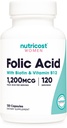 Nutricost Folic Acid nőknek (B9-vitamin) 1200 µg, 120 kapszula, B12-es és Biotin, Veggie Caps, Non-GMO & Gluten Free