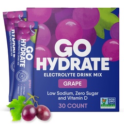 GoHydrate Instant Hydration Powder Packets - Alacsony nátriumtartalmú elektrolitok Drink Mix - Természetes hidratációs támogatás, Sugar Free Electrolyte Ízesített Powder Drink D-vitaminnal, 30 csomag, Szőlő