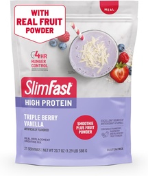 SlimFast magas fehérje Smoothie Mix Plus gyümölcspor, magas fehérjetartalmú élelmiszer-helyettesítő por, fiber, C-vitamin, 21 szervadékok, 1,29 font, Triple Berry Vanilla (csomagolás május Vary)