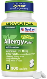 GenCare - Cetirizine HCL 10 mg (300 Caplets) - 24 órás allergia enyhítő tabletták - Non Drowsy Generic OTC allergia gyógyszeres kezelés - Antihisztamin orvoslás a tűzés, Runny Orose & Itchy Eyes - Generikus Zyrtc