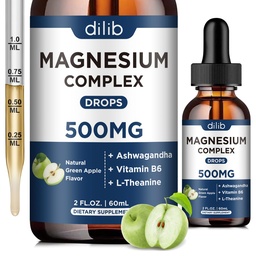 Triple Magnézium Complex Kiegészítés - Magnézium Glicinate, Citrate, Malate Liquid Drops 500mg Ashwagandha, L- Theanine, B6 a nyugalom, Stress Relief, Alvás, Izomvédő - Zöld Apple Flavor
