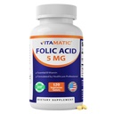 Vitamatic Folic Acid 5mg (5000 µg) - 120 Vegetáriánus tabletta magas potencia B9-vitamin (folát) a celluláris egészség, szívtámogatás & prenatális ellátás