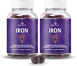 BeLive Iron Gumies - Multivitamin Vaspótlás C-vitaminnal, A, B & Cink, Támogatja a vér oxigén, Vegan kiegészítők a nők, férfiak és gyerekek a növekedés és a fejlődés - Grape Flavor dama124; 2- Pack