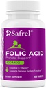Safrel Folic Acid 400 mcg - B9- 400 vitamin tabletta, esszenciális prenatális és postnatalis vitamin magzati fejlődés, vörösvérsejt termelés, sejt és idegi fejlődés 124; Non-GMO, Vegan