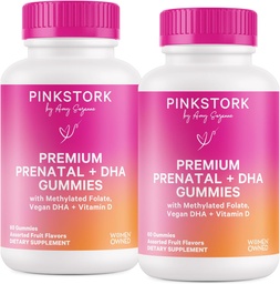 Rózsaszín Stork Premium Premium Prenatal Gumi Vitaminok DHA, folát, és D-vitamin - 60 Vegan Gumies - 2 Pack