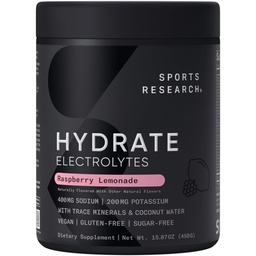 Sport Research ® Hydrate Electrolytes Powder - Sugar- Free & Natural Favored with Vitamins, Minerals, and Coconut Water - Supports Hydration - Raspberry Lemonade - 90 Servings