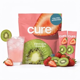 Cure Hydration, 124; Plant- Based Electrolyte Drink Mix 124; No Advanced Sugar, 124; FSA- HSA és 124; Dehidratation Relief Powder Made with Covine Water, 124; Non- GMO, 124; Vegan, 124; Pouch of 14 Packet - Strawberry Kiwi