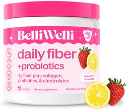 Belli Welli Fiber Supplement for Women & Men, Premium Daily Fiber Powder from Organic Acacia with Added Collagen, Electrolytes & Probiotics, No Bloat, Constipatio & Gut Health Support (Strawberry Lemonade)