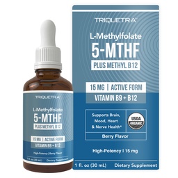 L Metil Folate 15 mg Plus Metil B12 kofaktor - Organic Berry Flavor, High Potency Liquid Sublingual Active 5- MTFF Form - Támogatja a hangulatot, a metilációt, a kognúciót - Bioaktív formákat B9 & B12-vitamin (1oz)