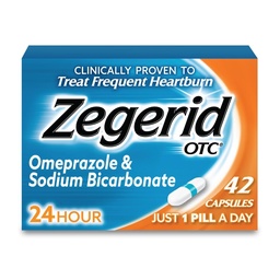 Zegerid OTC, 24- óra Heartburn Relief, Acid Reflux Medicine és Antacid, Kezelés gyakori Heartburn, Omeprazole 20mg + Nátrium-bikarbonát, Proton Pump Inhibitor (PPI), 42 kapszula