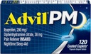 Advil PM (120 gróf) Fájdalomcsillapító / éjszakai alvástámogatás bevonattal ellátott Caplet, 200mg Ibuprofen, 38mg Difenhidramin (2-es csomag)
