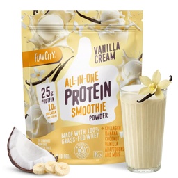 FlavCity Vanilla All in One Protein Shake Powder - On the Go Meal Alternative + Collagen Peptides, Reishi & Cordyceps - Fókusz, bőr, haj és közös támogatás - 100% Grass Fed Tejsavó, 20 adag