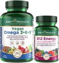 Tisztasági termékek Bundle - Vegan Omega 3- 6- 9 (180 ct) + B- 12 Energy Melt Omega 3- 6- 9 ("5 in 1" Plant- alapú Omega 3 6 9 Essential Fatty Acids) - B12 Berry Melt (Metilcobalamin B12 + B6 + D3 + More)