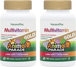 NaturesPlus Animal Parade Gold Children 's Multivitamin - Assorted Cherry, Orange & Grape Flavor - 60 rágótabletta, 2-es csomag - Vegetáriánus, Glutén mentes - 60 teljes adag
