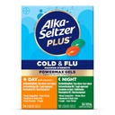 Alka- Seltzer Plus Power Max Cold & Flu Day + Éjszakai orvoslás: Köhögés szuppresszáns, hideg és influenza gyógyszer felnőttek és gyermekek részére 12 év és idősebb, 36 gróf, csomagolás május Vary