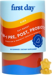 ELSŐ NAP Kids 3- in- 1 probiotikus gumik - Prebiotikus + probiotikus + Postbiotikus kiegészítés - Emésztő és orális egészség, immunfunkció és energiaszint - 30- napos ellátás