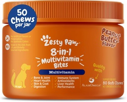 Zesty Paws kutya multivitamin, rágható kutya vitaminok és kiegészítők Hip & ízesítők, Skin & Coat, Omega 3 Halolaj kutyáknak - Senior & Puppy Multiquin- Mogyoró Butter- 50ct