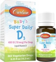 Carlson - Baby 's Super Daily D3, Baby Vitamin D cseppek, 400 NE (10 µg) cseppenként, 1 éves ellátás, vegetáriánus, folyékony D-vitamin csecsemőknek és Toddlereknek, ízesítetlen, 365 csepp